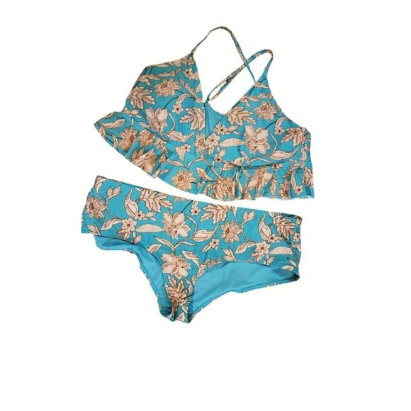 TIME & TRU 2 pc Bikini Aqua/Teal FLORAL Ruffle Top Adj Straps Flattering size 3x - Picture 5 of 6